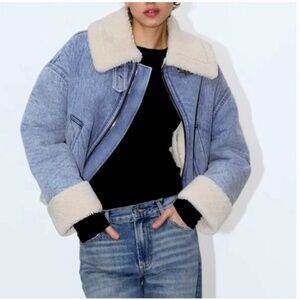 ZARA FAUX SHEARLING BIKER JACKET Denim S23 COLLECTION REF:3548/250 - SZ XL - NWT